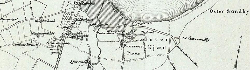 Kort over Aalborg Kjöbstads Jorder, Em. Bærentzen & Co lith. Inst, 1860. Til venstre på kortet ses Aalborg Veirmølle – Skovbakkemøllen. Det kgl. Biblioteks billedsamling.