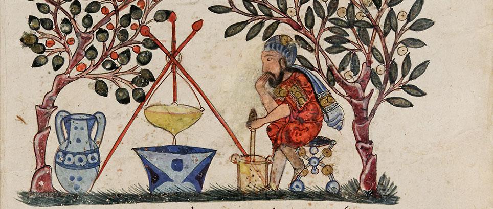 En læge fremstiller en eliksir. Efter De Materia Medica af Dioscorides ca. 50-70 e.Kr.