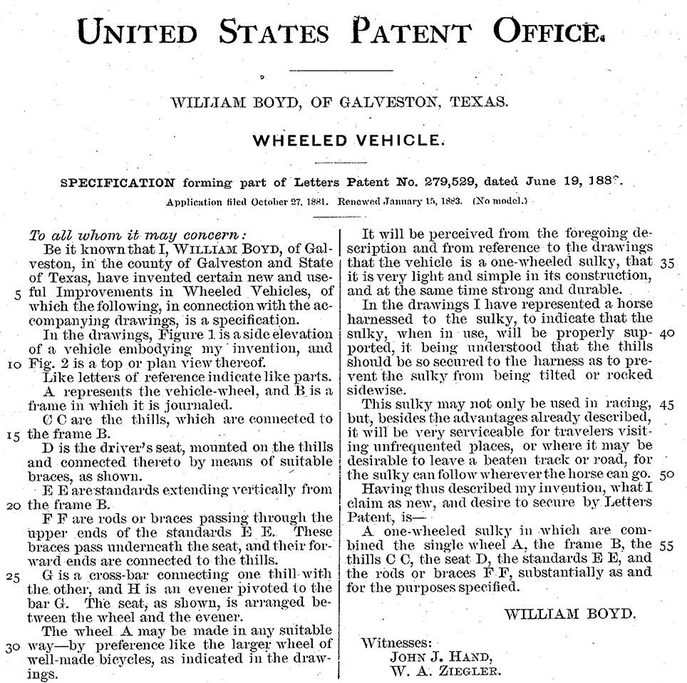 Patentskriftet vedrørende William Boyds patent på en enhjulet sulky.