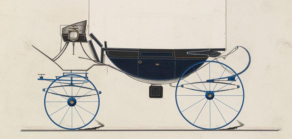 Bådformet glaslandauer (5-glas landauer) med ellipsefjedre forrest og dobbelt affjedring med ellipse- og c-fjedre bagest. Vognen har lædertag over den forreste faste del. Model nr. 1032 fra Brewster & Co. 1850–70. The Metropolitan Museum of Art, New York.