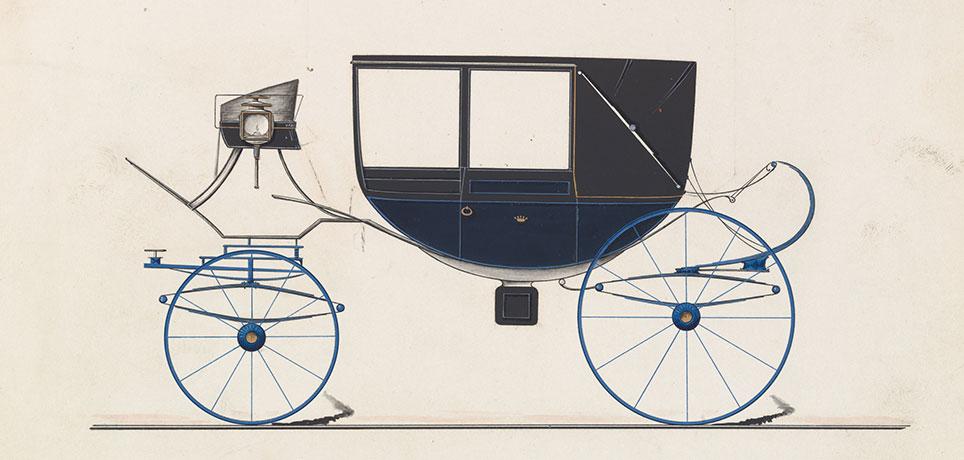 Bådformet glaslandauer (5-glas landauer) med ellipsefjedre forrest og dobbelt affjedring med ellipse- og c-fjedre bagest. Vognen har lædertag over den forreste faste del. Model nr. 1032 fra Brewster & Co. 1850–70. The Metropolitan Museum of Art, New York.