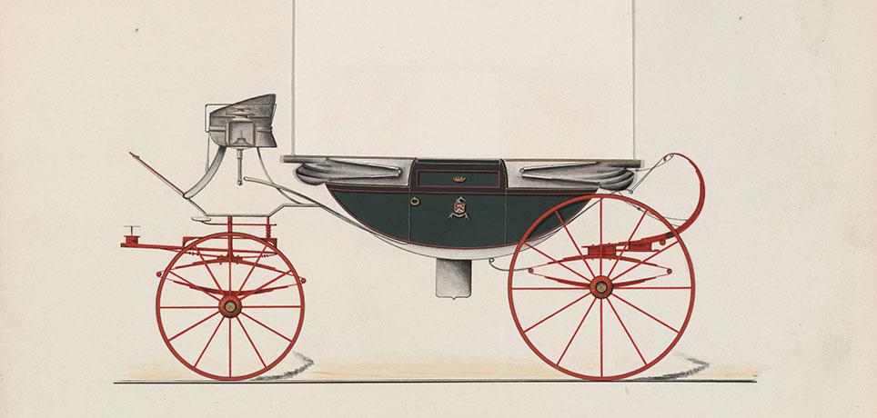 Samme bådformede landauer som ovenfor, men med kalechen slået ned. Tegning: Model nr. 1032a fra Brewster & Co. 1850–70. The Metropolitan Museum of Art, New York.