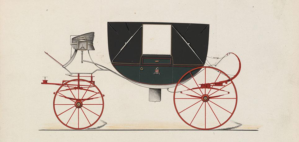 Bådformet landauer med elliptiske fjedre forrest og dobbelt affjedring med elliptiske og c-fjedre bagest. Foldbart vogntrin under døren. Vognen har aftagelig kuskebuk, så vognen kan køres à la d'Aumont. Tegning: Model nr. 1032a fra Brewster & Co. 1850–70. The Metropolitan Museum of Art, New York.