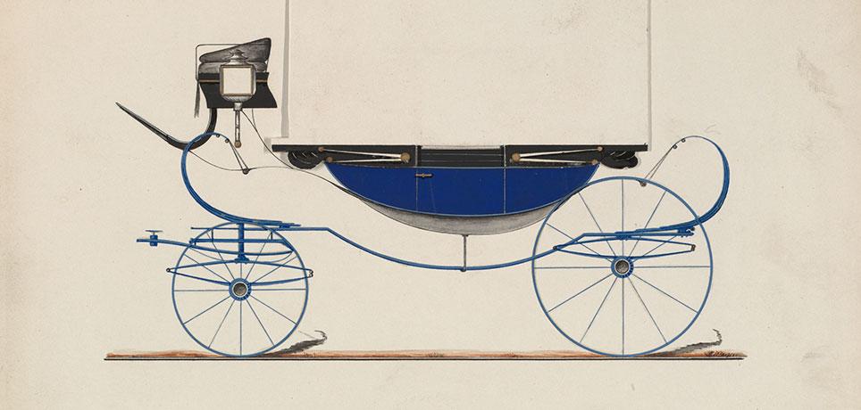 Samme bådformede landauer som ovenfor, men med kalechen slået ned. Tegning: Model nr. 971 fra Brewster & Co. 1850–70. The Metropolitan Museum of Art, New York.