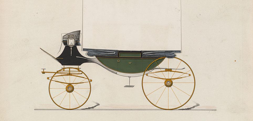 Samme bådformede landauer som ovenfor, men med kalechen slået ned. Tegning: Model nr. 1044 fra Brewster & Co. 1850–70. The Metropolitan Museum of Art, New York.