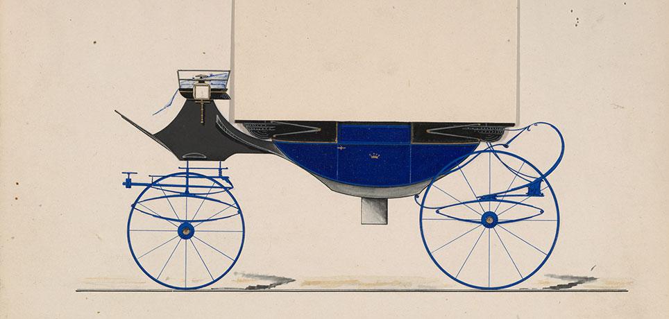 Samme bådformede landauer som ovenfor, men med kalechen slået ned. Tegning: Model nr. 820 fra Brewster & Co. 1850–70. The Metropolitan Museum of Art, New York.
