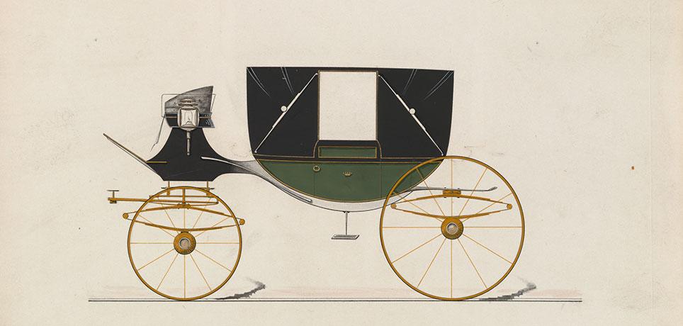 Bådformet landauer med elliptisk affjedring. Tegning: Model nr. 1044 fra Brewster & Co. 1850–70. The Metropolitan Museum of Art, New York.