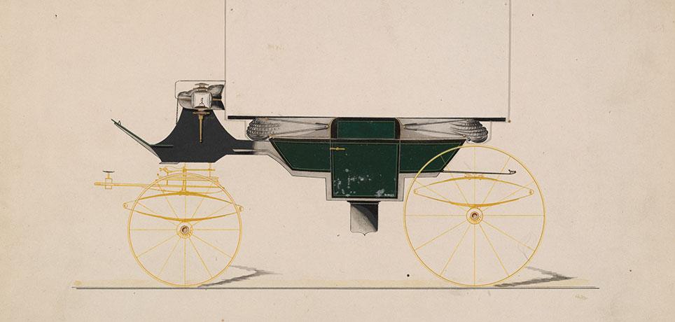 Kantet landauer med elliptisk affjedring. Foldbart vogntrin under døren. Bemærk fadingens kantede underlinje i modsætning til den tidligere viste bådformede. Tegning: Model nr. 913 fra Brewster & Co. 1850–70. The Metropolitan Museum of Art, New York.