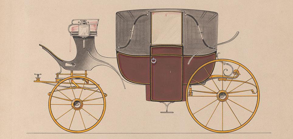 Kantet landauer med ellipsefjedre forrest og Dennett-affjedring med to langsgående og én tværgående fjeder bagest Tegning: Model nr. 4179 fra Brewster & Co. Tegnet af Herman Stahmer 1892. The Metropolitan Museum of Art, New York.