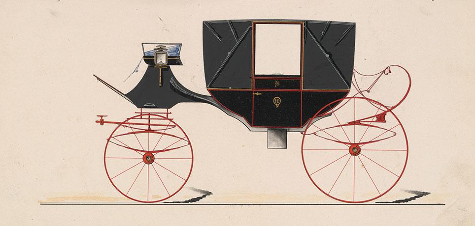 Kantet landauer med en lettere afrundet underlinje. Vognen har ellipsefjedre foran og dobbelt affjedring med ellipse- og c-fjedre bagest. Foldbart vogntrin under døren. Tegning: Model nr. 809 fra Brewster & Co. 1850–70. The Metropolitan Museum of Art, New York.