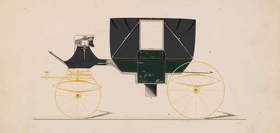 Kantet landauer med elliptisk affjedring. Foldbart vogntrin under døren. Bemærk fadingens kantede underlinje i modsætning til den tidligere viste bådformede. Tegning: Model nr. 913 fra Brewster & Co. 1850–70. The Metropolitan Museum of Art, New York.