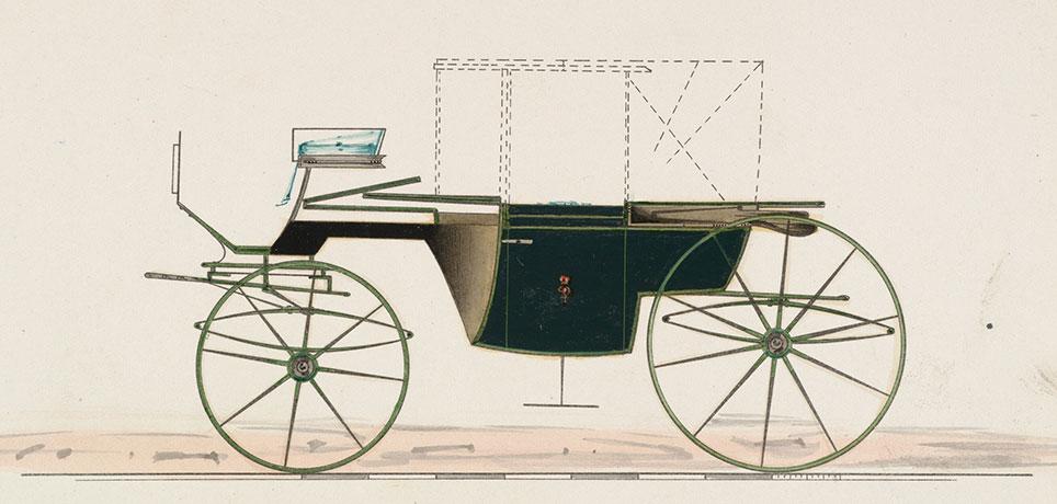 Dobbelt landaulet, der giver plads til en ekstra passager på et lille forsæde. Tegningen viser både åben og lukket vogn. Unummereret model fra Brewster & Co. 1850–70. The Metropolitan Museum of Art, New York.