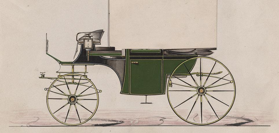 Dobbelt landaulet med buet forrude. Vognen har ellipsefjedre forrest og Dennett-affjedring bagest. Model nr. 3358 fra Brewster & Co. 1877. The Metropolitan Museum of Art, New York.