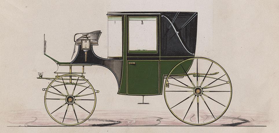 Dobbelt landaulet med buet forrude. Vognen har ellipsefjedre forrest og Dennett-affjedring bagest. Model nr. 3358 fra Brewster & Co. 1877. The Metropolitan Museum of Art, New York.