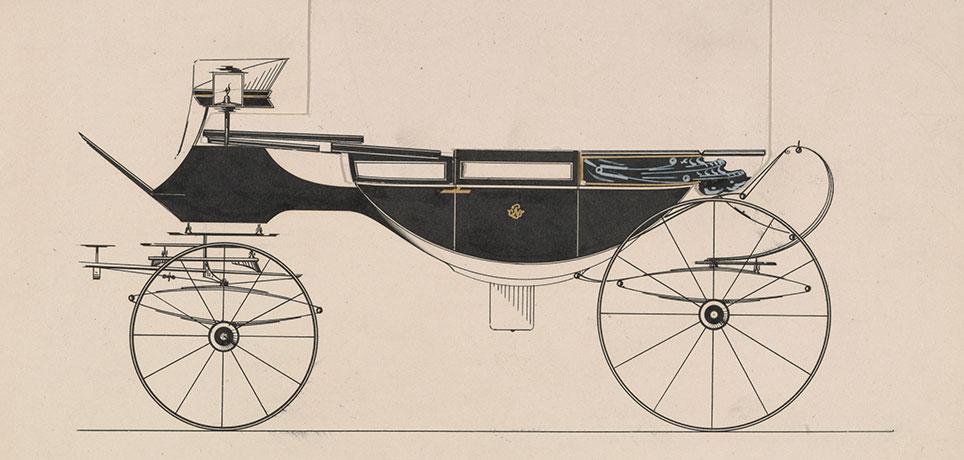 Samme bådformede glaslandauer som ovenfor, med med kalechen slået ned og den faste opbygning foldet sammen. Bemærk, at på denne model ligger panelerne ind under kuskebukken. Model nr. 889 fra Brewster & Co. 1850–70. The Metropolitan Museum of Art, New York.