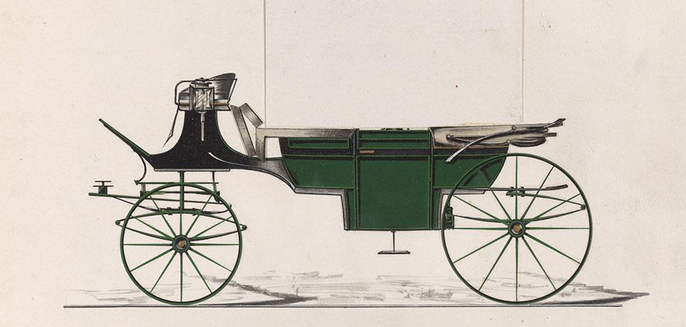 Glaslandauer (5-glas landauer) med ellipsefjedre forrest og Dennett-affjedring bagest. Almindeligt vogntrin under døren. Model nr. 3476 fra Brewster & Co. 1878. The Metropolitan Museum of Art, New York.
