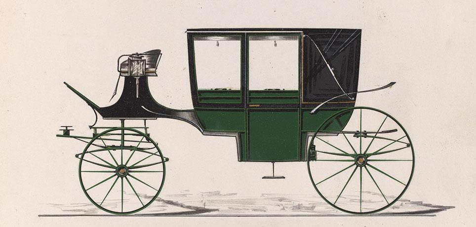 Glaslandauer (5-glas landauer) med ellipsefjedre forrest og Dennett-affjedring bagest. Almindeligt vogntrin under døren. Model nr. 3476 fra Brewster & Co. 1878. The Metropolitan Museum of Art, New York.