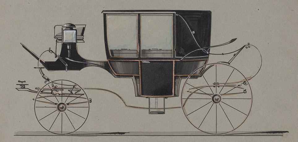 Kantet glaslandauer med fast forvæg. Vognen har langvogn og dobbelt affjedring med ellipse- og c-fjedre både for og bag. Model nr. 3728 fra Brewster & Co. 1881. The Metropolitan Museum of Art, New York.