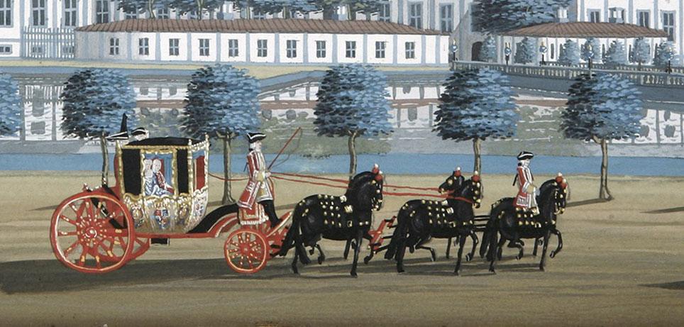 Eksempel på vognmaling i 1700-tallet, karet foran Hirschholm Slot ved Hørsholm. Bemærk den røde undervogn og røde hjul med guldstaffering. Udsnit af gouache af Johan Jacob Bruun, 1740. Kongernes Samling, Rosenborg / Amalienborg.