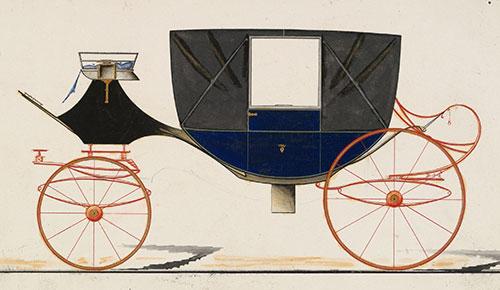 Bådformet landauer. Tegning: Model nr. 1032a fra Brewster & Co. 1850–70. The Metropolitan Museum of Art, New York.