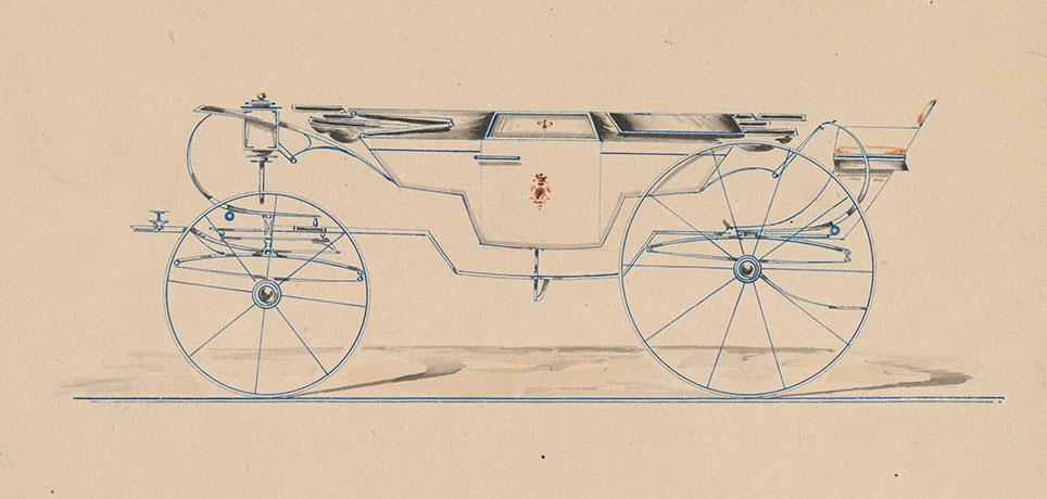 Kantet landauer med langvogn og dobbelt affjedring bestående af både elliptiske og c-fjedre for og bag. Vognen har tjenersæde men ingen kuskebuk, så den er beregnet til kørsel à la d-Aumont. Tegning: Model nr. 923 fra Brewster & Co. 1850–70. The Metropolitan Museum of Art, New York.