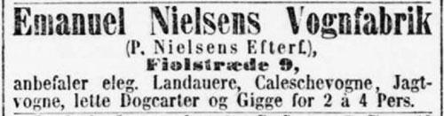 Annonce fra Emanuel Nielsens Vognfabrik. Berlingske Politiske og Avertissementstidende, 9. januar 1894, s. 6.