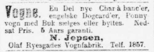 I perioden 1908-1916 annoncerede N. Jepsen også med firmanavnet Olaf Ryesgades Vognfabrik. Her annonce fra Fyens Stiftstidende, 4. december 1909.