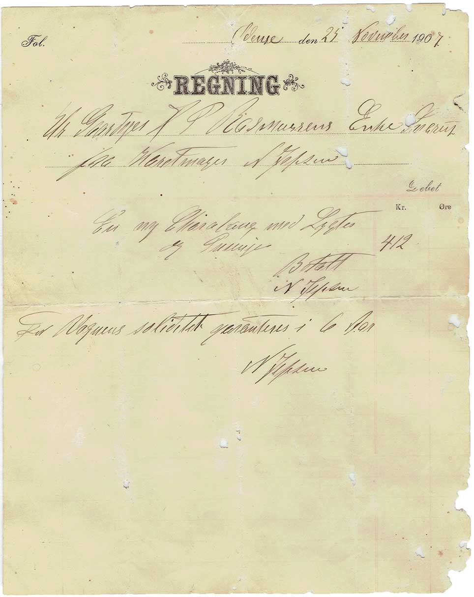Regning på en Char-à-banc fra karetmager N. Jepsen dateret 25.november 1907.