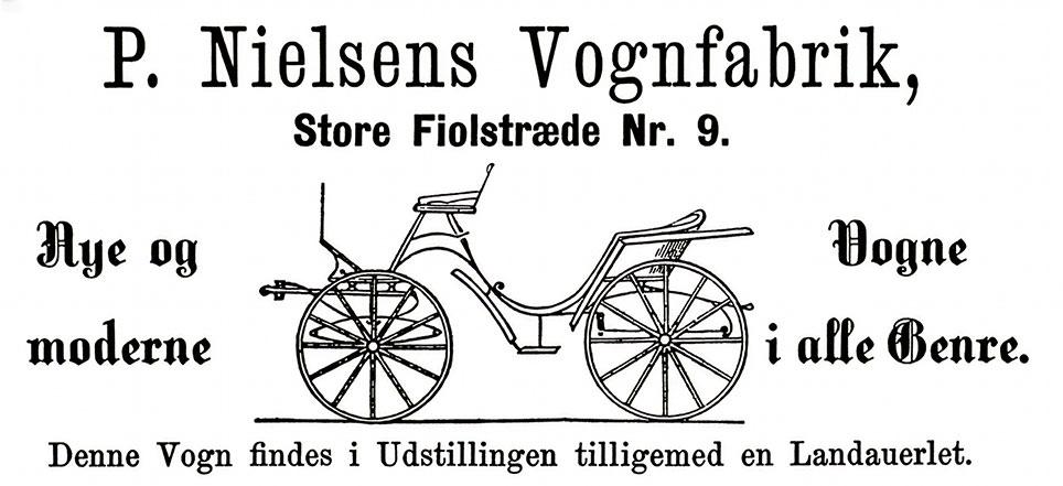 Annonce 1873 fra P. Nielsens Vognfabrik i Store Fiolstræde 9, København. Wikimedia.