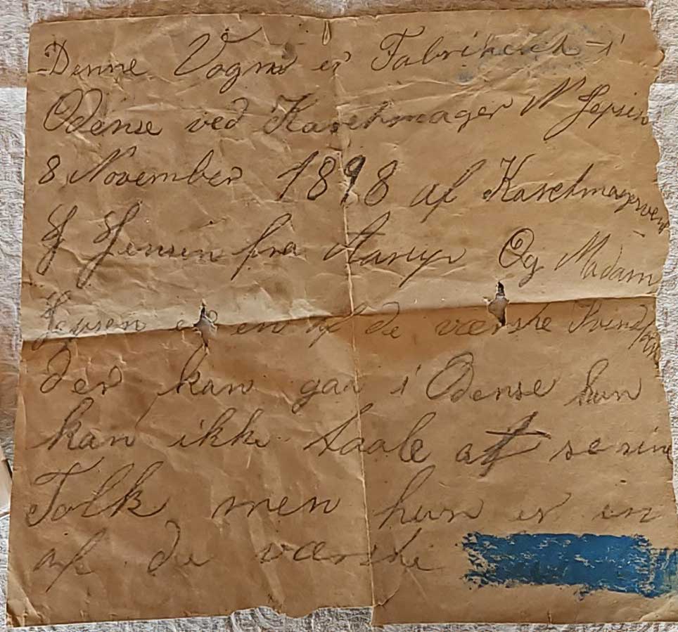Side 1 af brevet fra karetmagersvend J. Jensen. Foto: Graumann.