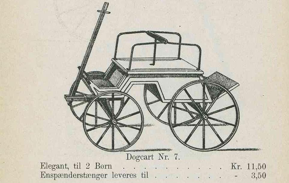 Legevogn nr. 7 fra P. M. Knudsens fabrik i København. Vognen har form som en 4-hjulet dogcart. Illustration fra katalog 1891. Det kgl. Bibliotek.