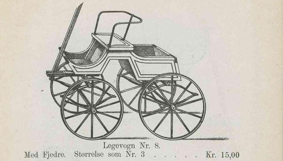Legevogn nr. 8 fra P. M. Knudsens fabrik i København. Vognen har form som en opskåret fjedervogn. Illustration fra katalog 1891. Det kgl. Bibliotek.