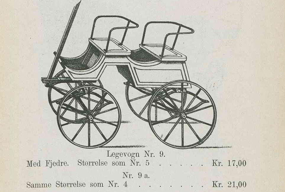 Legevogn nr. 9 fra P. M. Knudsens fabrik i København. Vognen har form som en jagtvogn. Illustration fra katalog 1891. Det kgl. Bibliotek.
