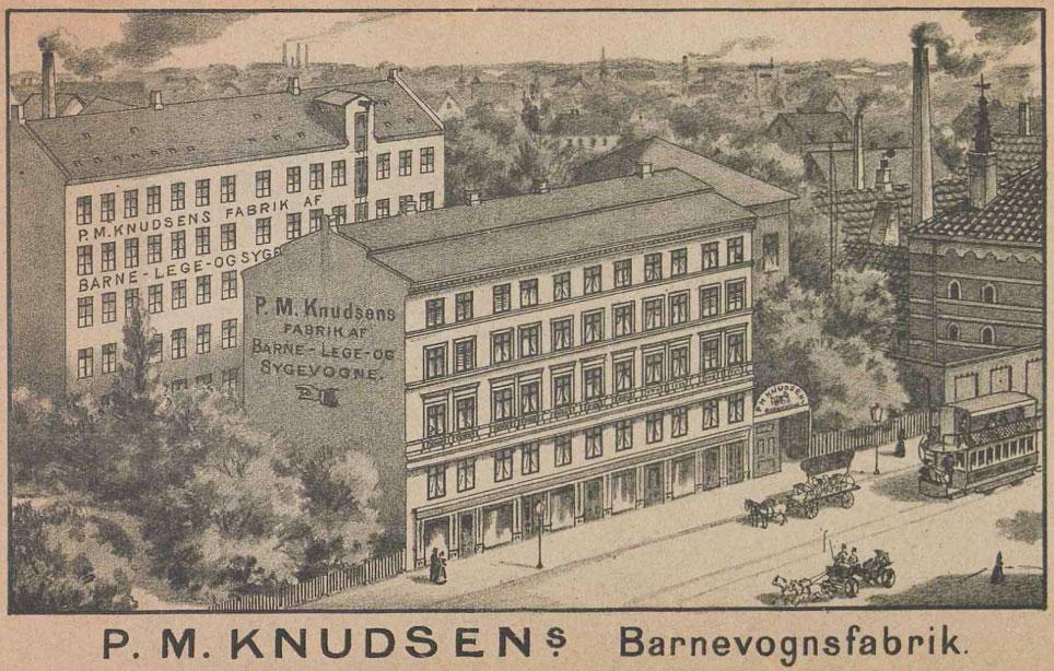 P. M. Knudsens fabrik på Vodroffsvej 21, Frederiksberg. Illustration fra katalog 1891. Det kgl. Bibliotek.