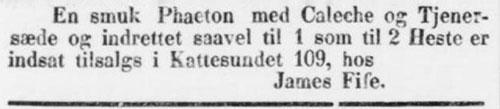 Annonce fra James Fife i Kjøbenhavns Adressecomptoirs Efterretninger, 2. juli 1856, s. 11.