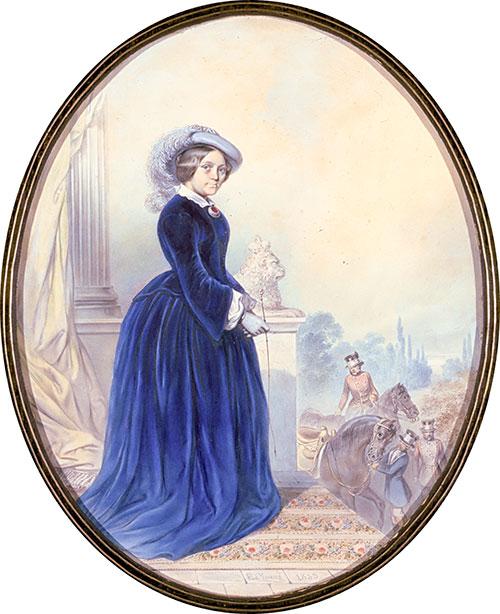 Af inventarieprotokollen fra 1874 fremgår det, at grevinde Danner havde en ridehest og tre damesadler. Motivet her viser grevinden på vej på ridetur. Hun har ridepisken i hånden, og hesten står klar med damesadel. Akvarel udført 1853 af Eduard Young. Frederiksborg • Nationalhistorisk Museum. Kopi fra Wikimedia. 