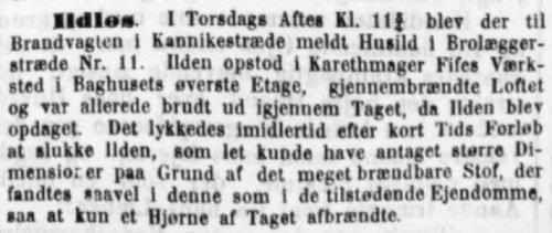 Avisnotits om branden i Fifes vognfabrik i Brolæggerstræde 11. Dagbladet (København), 29. marts 1873, s. 2.