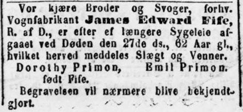Dødsannonce i Berlingske Politiske og Avertissementstidende, 29. juli 1887, s. 5.