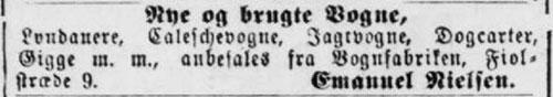 En af de første avisannoncer fra Emanuel Nielsen, hvor han har overtaget faderens vognfabrik i Fiolstræde 9. Berlingske Politiske og Avertissementstidende, 20. december 1893, s. 6.