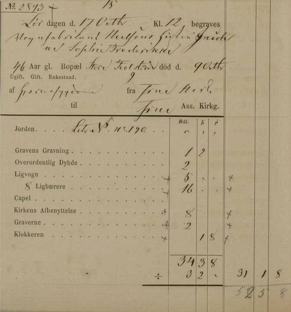 Begravelsesprotokol for vognfabrikant Nielsens hustru Jacobine Sophie Frederikke. Kilde: Københavns Stadsarkiv, Begravelsesprotokoller 1868-1868 (lb.nr.: 1-3635) s. 489.