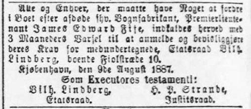 Proklama vedrørende fordringer i boet efter James Edvard Fife. Berlingske Politiske og Avertissementstidende, 10. august 1887, s. 10.