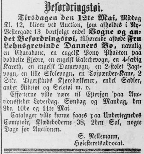 Annonce for auktion over vogne mv. den 12. maj 1874. Kjøbenhavns Adressecomptoirs Efterretninger, 2. maj 1874, s. 5