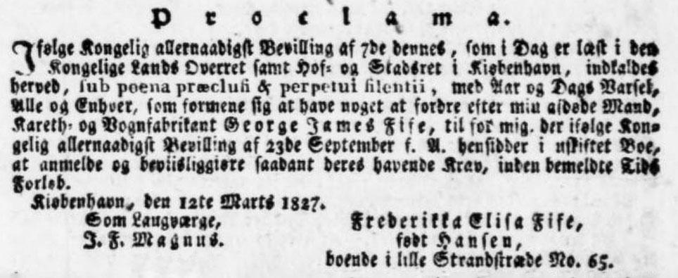 Proclama vedrørende Karet- og Vognfabrikant Gerorge James Fife 1827.