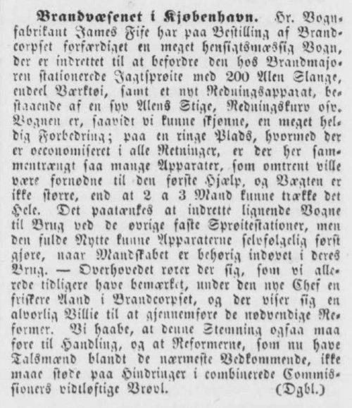 Artikel om James Fifes leverance af en hensigtsmæssig vogn til brandkorpset i København. Silkeborg Avis, Et politisk- og Avertissementsblad, 1. oktober 1859, s. 1.
