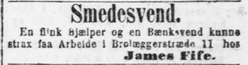 James Fife søgte smedesvend. Annonce i Dags-Telegraphen (København), 27. april 1873.