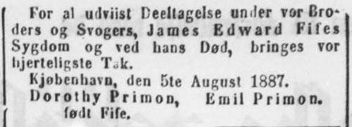 Takkestykke i Berlingske Politiske og Avertissementstidende, 5. august 1887, s. 2.