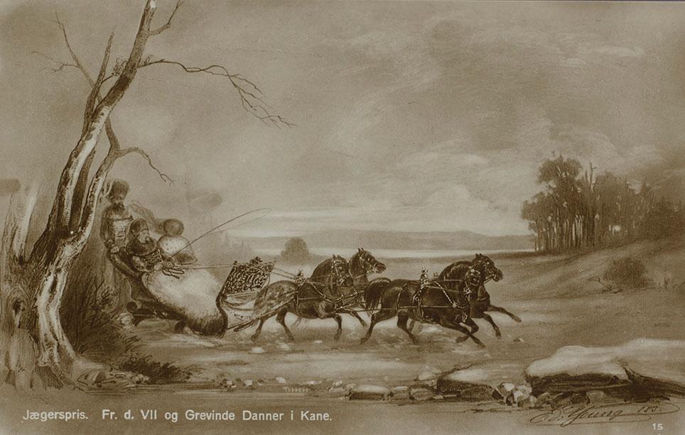 Frederik 7. og grevinde Danner kører i kane med 4-spand ved Jægerspris. Kongen er selv kusk. Postkort udgivet af J. Chr. Pedersens Kunstforlag efter maleri af Eduard Young 1853. Det kgl. Biblioteks billedsamling.