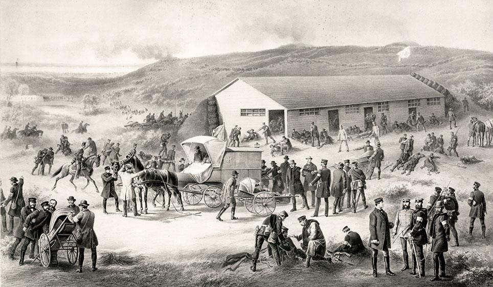 En preussisk ambulance i brug ved Dybbøl den 18. april 1864. Tegning: Wilhelm Funke, Sønderborg Slot, Det kgl. Biblioteks billedsamling.