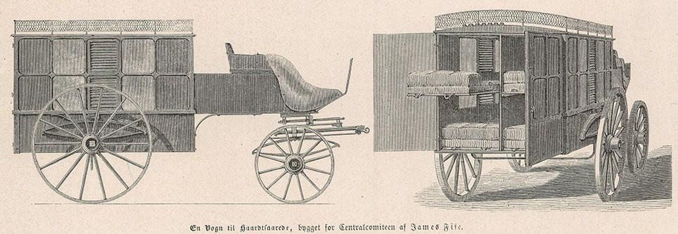 En ambulancevogn til hårdt sårede blev bygget af James Fife i 1864. Tegning i Illustreret Tidende den 19. juni 1864.