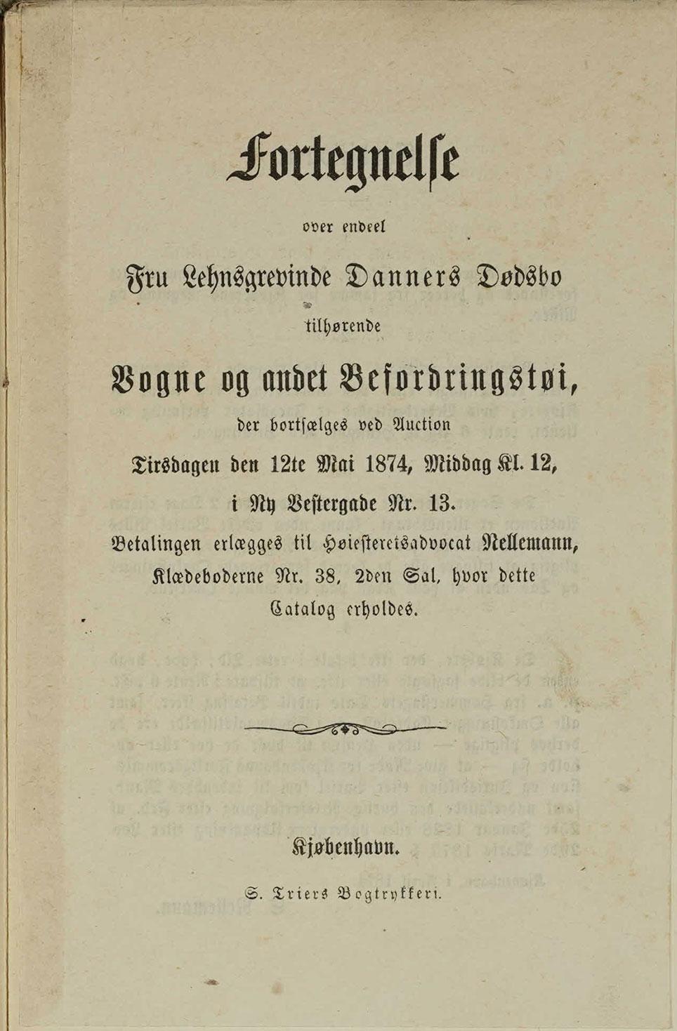 Forside kataloget om auktionen over grevinde Danners vogne og befordringstøj. Rigsarkivet: Landsover- samt Hof- og Stadsretten, Københavns Skiftekommission, Eksekutorboer, Grevinde Danner.